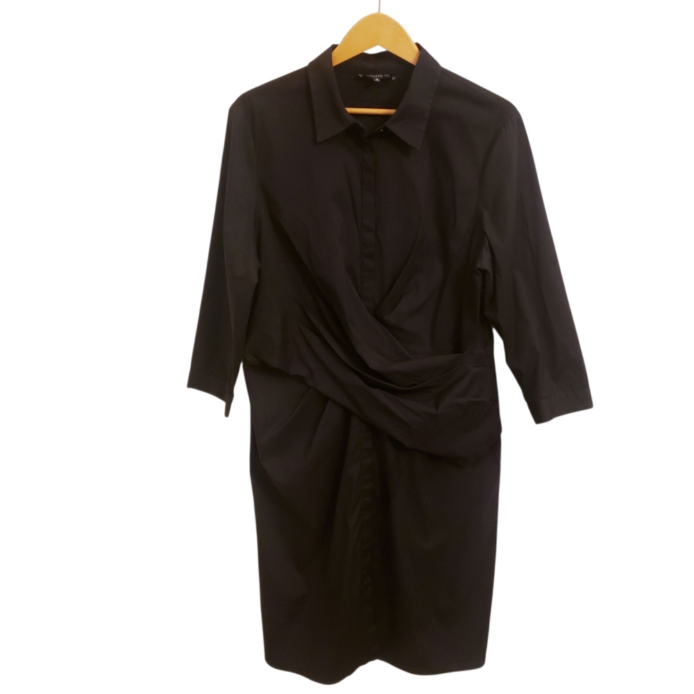 Lafayette 148 New York Black Collared Mid-Length Shirt Dress Cotton Blend Sze 16